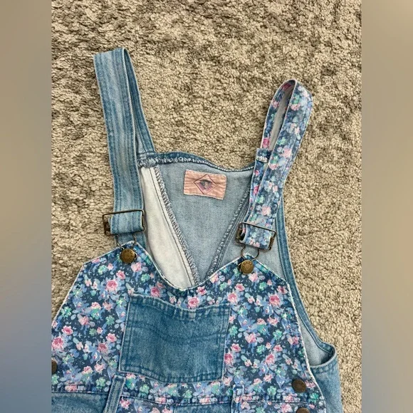 Vintage 90s Floral Denim Overalls Youth L / XXS Cottagecore - Picture 2 of 11